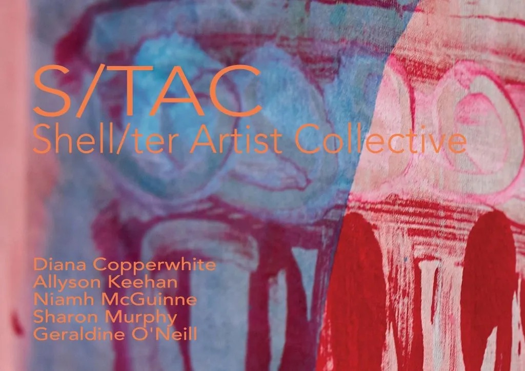 S/TAC: The Ties that Bind | Tuesday 22 October  – Sunday 24 November 2024 | GOMA Gallery of Modern Art | Image: it's hard to make out what is being shown here; the image is fairly photographic, with blues and pinks / reds on a white background; there seem to be some classical columns and lines of buildings, but there is also a row of what seem to be teeth, perhaps in the lower jaw seen from above, but perhaps not at all; thre is text over the image – just the name of the ‘S/TAC Shell/ter Artist Collective and the artists’ names 