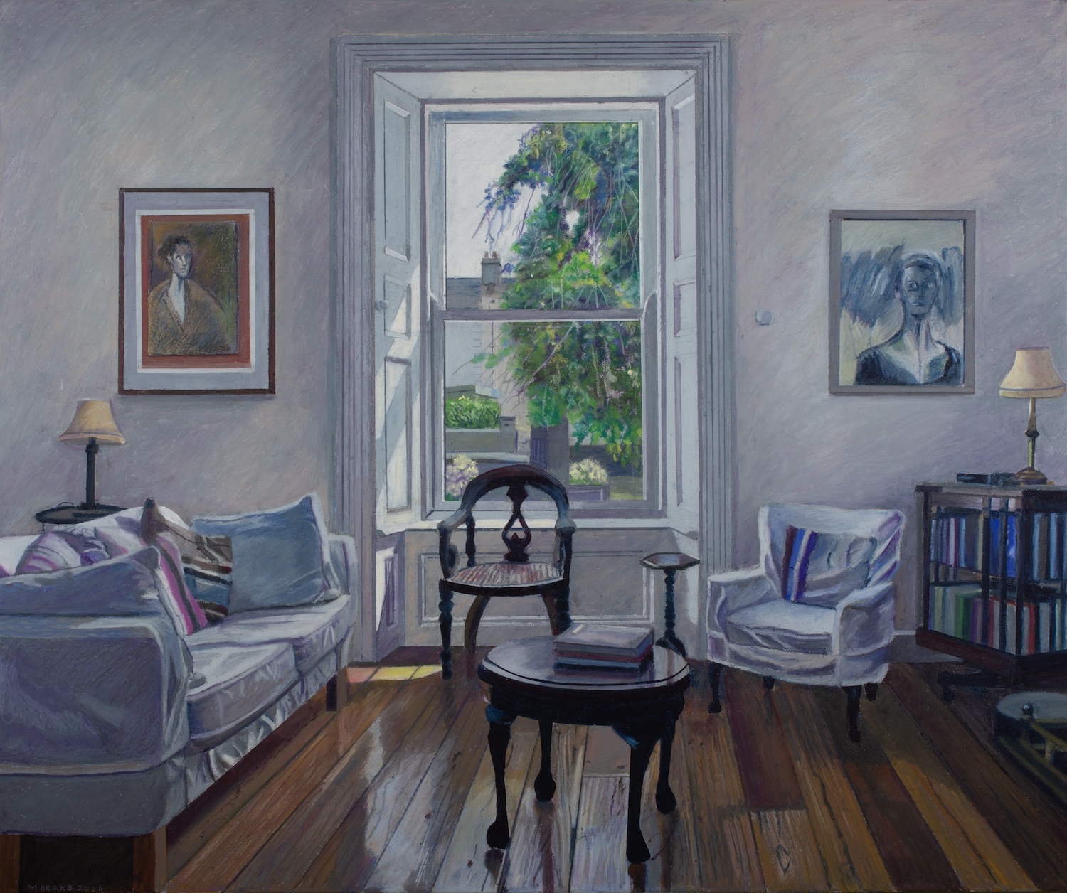 Mary Burke: Moments of Domesticity | Friday 8 November 2024  – Sunday 19 January 2025 | Municipal Gallery | Image: a domestic scene – a sitting-room, probably; no-one visible – we see furniture etc.; we are facing a sash window looking out on a street on a sunny day, probably in summer; the walls are thick, enough so to hold shutters held in the frame of the window; the wood of the window and shutters is painted white, and sunlight is falling on the left shutter; left and right of the window we see a wall holding two artworks in frames, both apparently portraits; the wall is depicted in muted pastel-colour strokes, all tending towards white; the room has a wooden floor, exposed and polished with much grain showing; on it we see a couch to the left, a table with lamp beside / behind it, a wooden chair in front of the window, facing in; a small0ish armchair to the right of the window; it is loosely covered in some white material, some books in a rotate-able set of bookshelves, a hint of a fireplace, and a small-ish round table directly in front of us, with two or three books stacked neatly on…