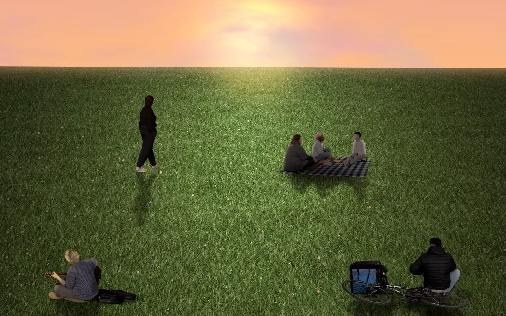 Elinor O’Donovan.: Winter Sun | Friday 14 November 2025  – Thursday 30 April 2026 | Triskel Arts Centre | Image: appears to be computer-generated; we see a grassy green field stretching to the horizon, which is about 20% from the top of the landscape-oriented image; there is strong sun behind a cloud, close to the horizon; the sky is rose and orange; someone dressed in black is walking across from the left; someone sitting bottom left is playing a guitar; someone bottom right is siting next to their bike; and a group fo three is sitting on a blanket spread on the ground; the shadows are strong 