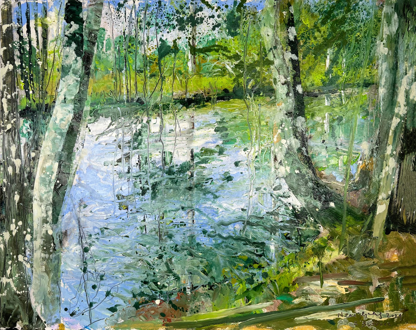 Neal Greig RUA: Butonne River,
oil on board
80 x 100cm | Neal Greig: Big Swell | Thursday 10 October  – Tuesday 29 October 2024 | Gormleys Fine Art, Dublin | Image: Neal Greig RUA: Butonne River, oil on board, 80 x 100cm | riverscape; done with a light, bright, light-touch strokes sometimes heavy with oil paint, dappled; we see the river in front of us, between trees, with other trees reflected across the river and foliage between us and the water; blue sky above vegetation on the far bank 