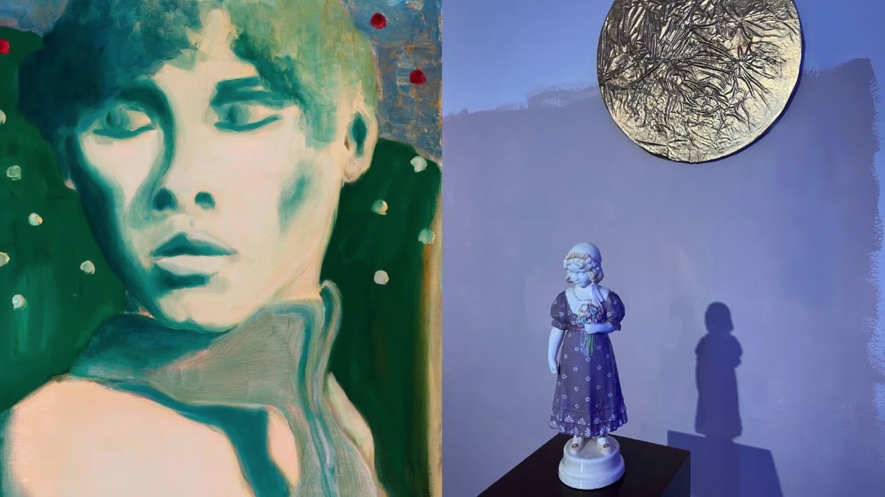 Joseph Heffernan: The Dolls House | Saturday 28 September  – Sunday 6 October 2024 | Triskel Arts Centre | Image: two images side by side; the first appears to be a portrait (head and shoulders) in paint, of someone looking concerned about something off to their right; the palette is mostly greens plus pale-pink-flesh colour, though there is some blue and three red dots; it may be cropped from a larger work; the image on the right appears to be a photograph – there is a doll figurine on a plinth, casting a strong shadow onto a wall behind; the wall is cursorily painted, with a big patch of greyish brown on what may be white; behind and above the figurine, attached to the wall is a golden disk – an organically textured surface, in gold material or sprayed gold 