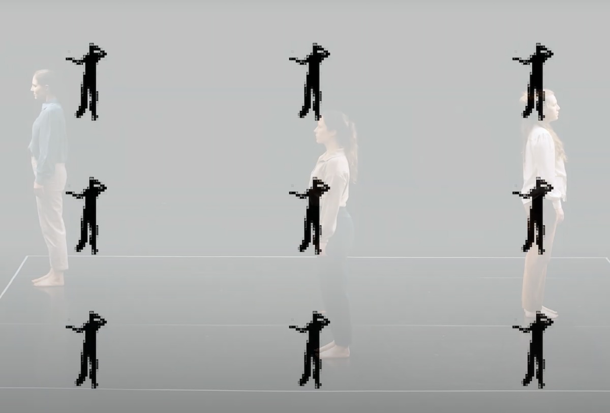 Still from video excerpt on the Laura Murphy website | Laura Murphy: This Is It | 8 dance portraits | Monday 21 October  – Monday 11 November 2024 | Uillinn: West Cork Arts Centre | Image: still from video excerpt on the Laura Murphy website | this is a video still where the image is in transition – from three people, not obviously dancers, are in a black, well-lit space, two of them facing to our left, one to our right; they are barefoot but otherwise normally dressed; on the floor is a white line defining a square or rectangular space, and they are standing in it; superimposed, and whiting-out to a large extent this image of the three figures, is an image of three rows of three images of a figure, all black, digital, standing, left arm raised to head, right arm pointing to their right, well spaced out horizontally and vertically, on a white background  