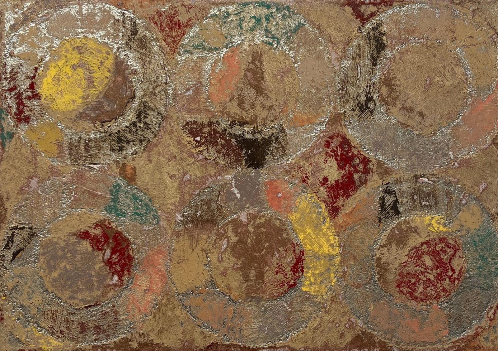 Makiko Nakamura: Jack Rose, oil + metal leaf on canvas, 19 x 27cm | Makiko Nakamura: Lover | Friday 18 October  – Saturday 2 November 2024 | Taylor Galleries | Image: Makiko Nakamura: Jack Rose, oil + metal leaf on canvas, 19 x 27cm | the main motif in the painting is two rows of three double circles – one circle inside a larger one or, maybe more correctly, having a very fat outline – each circle is apparently silver leaf applied to the surface, which is itself an unpredictable pattern of dark red, yellow, brown, and other colours; all of the surface is rough, affecting the colours, as though everything has been abraded