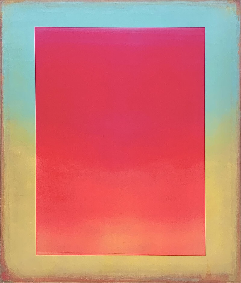 Tom Phelan: Arriving Pink Cadmium Red, Oil on Linen, Unique, 140 x 120cm | Tom Phelan: Arriving | Saturday 2 November  – Saturday 30 November 2024 | SO Fine Art Editions | Image: Tom Phelan: Arriving Pink Cadmium Red, Oil on Linen, Unique, 140 x 120cm |   the canvas is portrait-oriented; picture a sunny day with blue sky and green-yellow meadows and trees; then blur it then place a saturated mid-red, slightly translucent rectangle over this scene, obscuring most of it, leaving an uncovered band that is about 10% of the canvas width around the sides of the rectangle; also: the colours of the ‘landscape’ barely reach the edge of the canvas – they’re not really trying to 