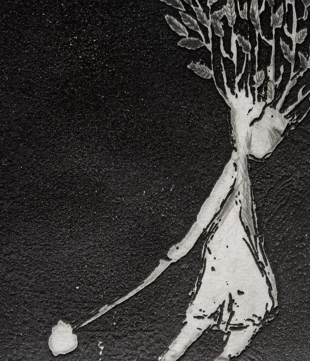 Anne McDonnell: Heavy, etching on Hahnemühle, 2016 | Anne McDonnell: Nourish | Saturday 30 November 2024  – Sunday 5 January 2025 | GOMA Gallery of Modern Art | Image: Anne McDonnell: Heavy, etching on Hahnemühle, 2016 | black-and-white image; much of the background of the image is a very grainy, rough blackishness; as though in front of this background, appearing to walk by, is a human-plant chimera of sorts – or maybe not; the head of a figure can be interpreted out of what may be a flower pot – certainly there are leaves growing upwards out of it; the rest of the figure, if it is one, is a person moving from left to right, seen sideways on, apparently dragging something that looks somewhat like a snowball 