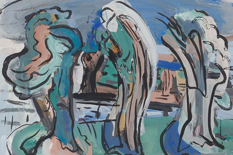 Evie Hone (1894-1955), Composition, gouache on paper, unframed 20 x 24.5 cm; framed 45.5 x 50.2cm. (Detail). Gift of the Friends of the National Collections of Ireland, Sylvia Cooke-Collis Bequest. | The Friends of the National Collections of Ireland: A Centenary Celebration | Friday 8 November 2024  – Sunday 2 March 2025 | Butler Gallery | Image: Evie Hone (1894-1955), Composition, gouache on paper, unframed 20 x 24.5 cm; framed 45.5 x 50.2cm. (Detail). Gift of the Friends of the National Collections of Ireland, Sylvia Cooke-Collis Bequest | depiction of an outdoor scene, possibly trees by a river, all done in a free, curvy, abstract style 