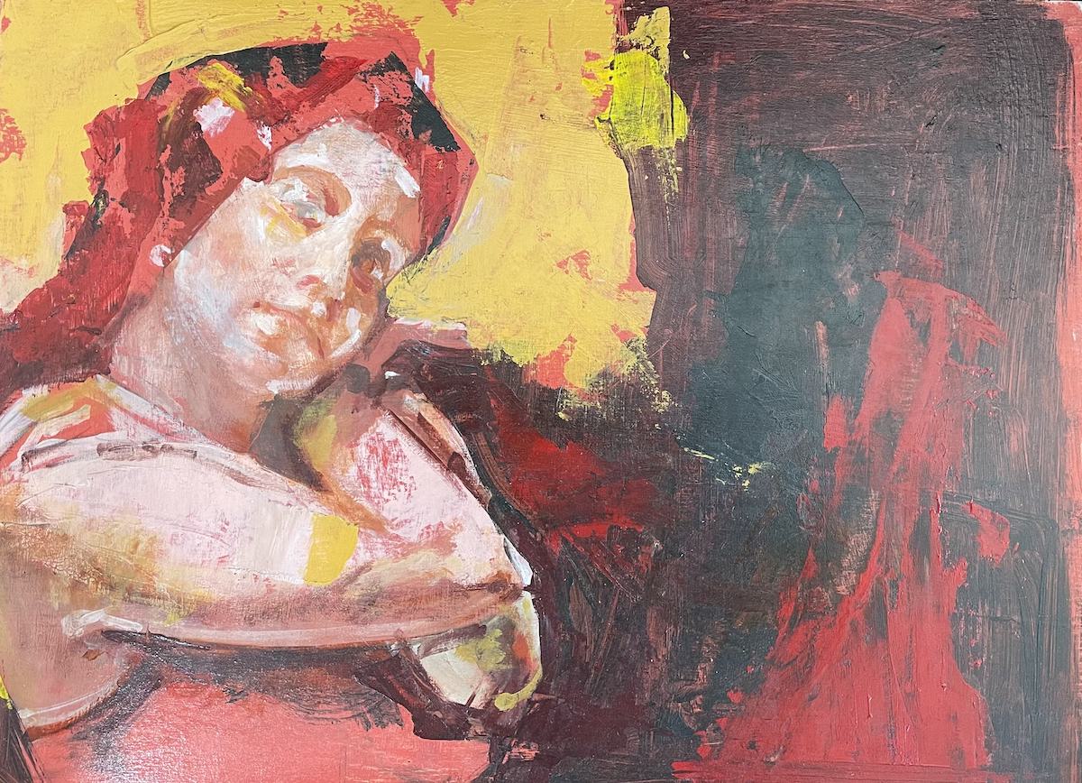 Steve Wickham: Stephanie as Ellie, 46 x 34cm | Steve Wickham: Tempest (50 nights in a Dublin Hotel) | Monday 11 November 2024  – Friday 31 January 2025 | Toradh2 Gallery | Image: Steve Wickham: Stephanie as Ellie, 46 x 34cm | colours mostly reds and yellows, from light to dark, applied quite vigorously in parts, perhaps sometimes (or only) with a palette knife; the only figure, presumably Stephanie / Ellie is towards the left of the canvas, looking out at us – though it is not entirely clear what is happening with the eyes, as pupil and iris are very pale; the right arm crosses the body and meets, it seems, the left arm, both raised towards the left shoulder, towards which the head also leans; the background is roughed in in pale-ish yellow ochre and reds, mostly 
