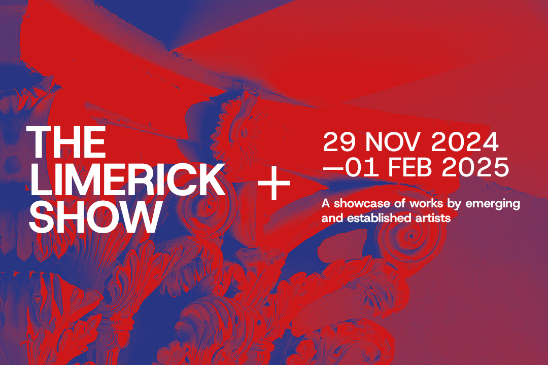 The Limerick Show | Friday 29 November 2024  – Saturday 1 February 2025 | Ormston House | Image: photo of an ornate cornice in strong reds and blues, with overlaid text in sans-serif white with details about the show 