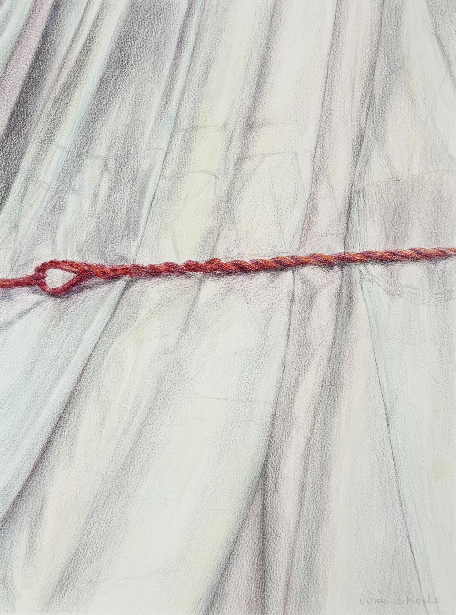 Vivienne Roche: Arc de Triomphe Wrapped I, watercolour drawing, 40 x 30cm | Vivienne Roche: Paintings and Sculpture | Wednesday 30 October  – Monday 18 November 2024 | Gormleys Fine Art, Dublin | Image: Vivienne Roche: Arc de Triomphe Wrapped I, watercolour drawing, 40 x 30cm | a fairly delicate drawing; we see a red rope across the centre of the image almost horizontal and almost in the middle vertically, just a little higher 