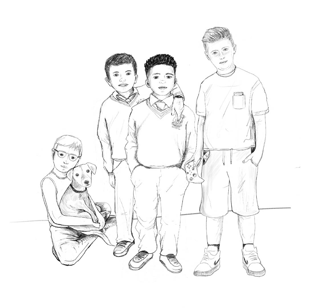 Fiona Whelan.: Boys in the Making, 2024 | Boys in the Making | Fiona Whelan and Rialto Youth Project + Conference | Thursday 16 January  – Friday 14 February 2025 | NCAD Gallery | image: Fiona Whelan.: Boys in the Making, 2024 | drawing of four kids and one dog, looking towards us; leftmost kid is sitting on the ground with a dog in arms; second kid has arm around should of third kid; fourth, rightmost kid is tallest and appears to be holding a piece of pizza in right hand 