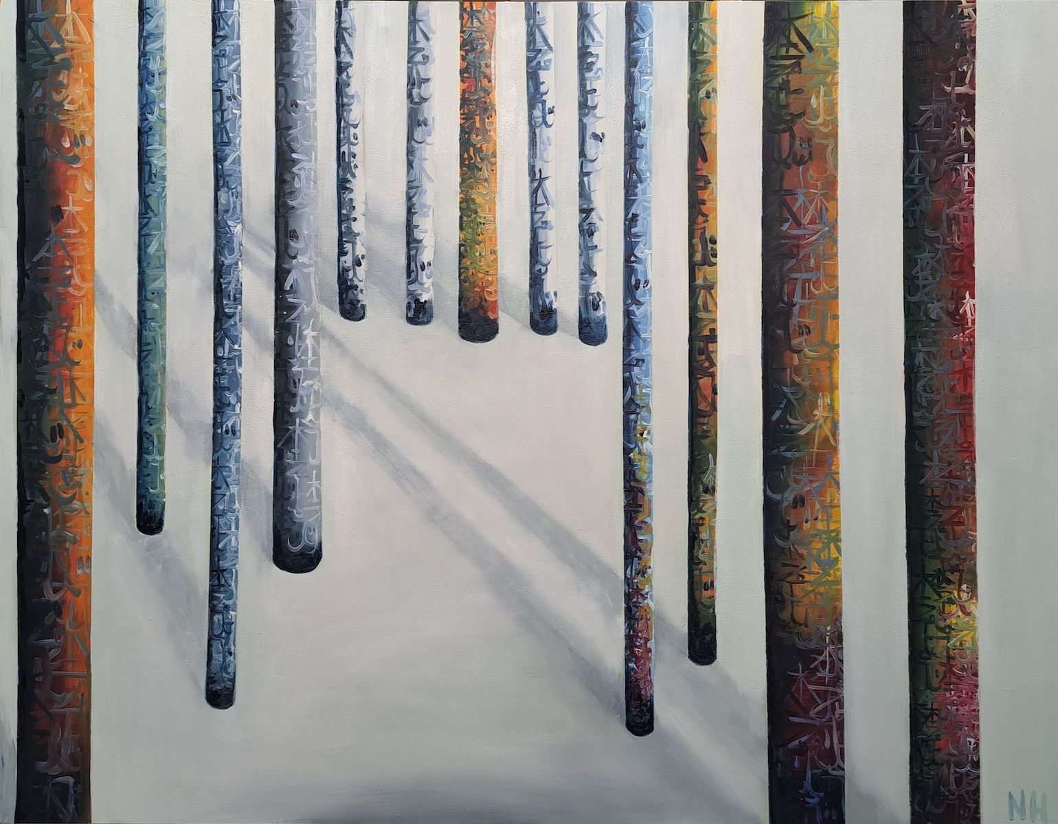 Nickie Hayden, Healing Totems, oil on board, 72 x 99cm | Contrasts – A winter group exhibition | Thursday 19 December 2024  – Saturday 15 March 2025 | Olivier Cornet Gallery | Image: Nickie Hayden, Healing Totems, oil on board, 72 x 99cm | we see a fairly orderly number of what appear to be tree trunks in a flat snowy landscape; some are closer, some farther away, 13 in all; the trunks, especially the nearer ones, are multicolour, bark-textured; one of the trunks in the distance is also multicoloured, with the other ones that are farter away much more muted in colour 