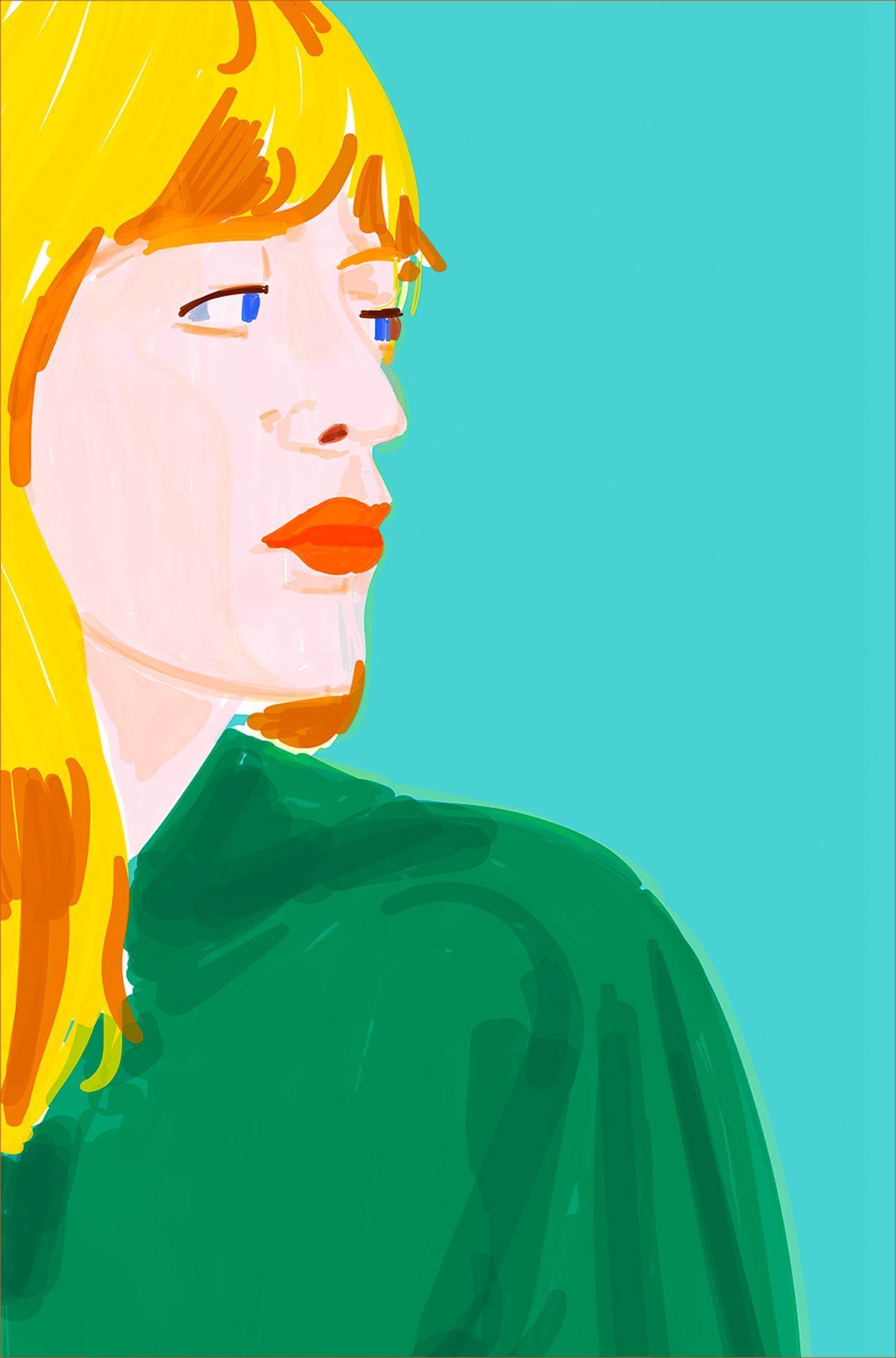 Mario Sughi: Sally Rooney, unique digital painting on cotton rag, 50 x 33 cm | Annual Winter Exhibition | Friday 13 December 2024  – Sunday 12 January 2025 | Hillsboro Fine Art | Image: Mario Sughi: Sally Rooney, unique digital painting on cotton rag, 50 x 33 cm | head-and-shoulder portrait of author (presumably) Sally Rooney, probably hand-drawn using a computer, tablet or phone; green top, yellow + orange hair, head turned towards right side of canvas, very blue eyes, red lips, pale skin; strong uniform turquoise background 