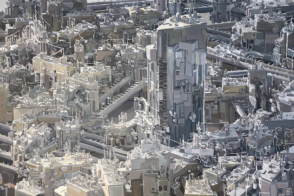 Colin Martin: Procedural City (Zorn Palette), 2024, oil on canvas | Moments of Being | Saturday 18 January  – Saturday 15 March 2025 | Solstice Arts Centre | Image: Colin Martin: Procedural City (Zorn Palette), 2024, oil on canvas | almost photorealistic painting of an imagined city which also resembles an externalised production line at a very complex factory; there are what look like steps everywhere, but also what look like signalling equipment – antennae, etc.; the colours are all shades of white, and the whole is in fairly strong sunligh coming from top left; there is one tall building just right of centre; there is no indication as to its purpose; it has no windows, in common with most and maybe all the buildings 