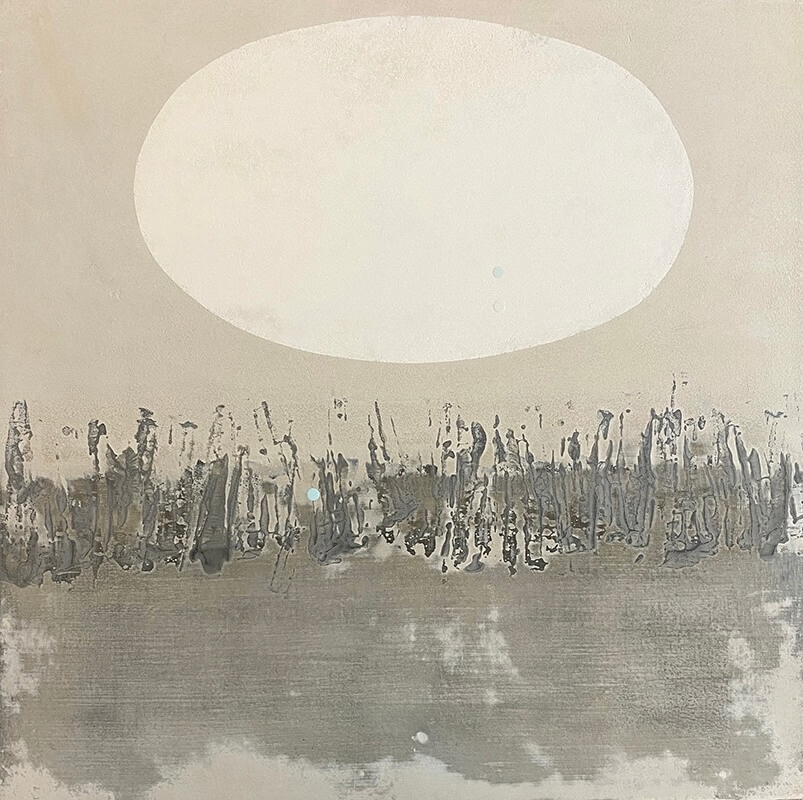 Matthew Mitchell: G maps 53.124699, -9.265380 | Winter Exhibition 2024 | Thursday 5 December 2024  – Thursday 30 January 2025 | SO Fine Art Editions | Image: Matthew Mitchell: G maps 53.124699, -9.265380 | greyish-tan arwork; could be interpreted as the sun above a grassy field, the sun being flattened more into a pale oval 