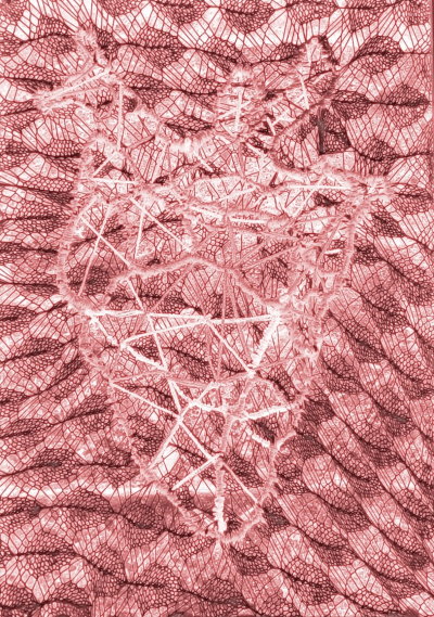 Tanja Novacic | First View / Expanded Studio | Monday 20 January  – Saturday 1 February 2025 | Garter Lane Arts Centre | Image: Tanja Novacic | hard to make out exactly what is being depicted; we see what looks more or less like a quilted surface, ripples of threads of darker and lighter low-saturation pinkish red; this is probably. print, maybe an etching; it feels as though there is a representation of a human heart, anatomically correct, in the centre of the piece 