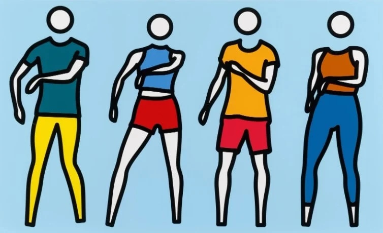 Julian Opie: Dance, Synced: Dance 5, 2024, screenprint in 12 colours on Archival Museum Board, 95.5 x 151cm | Julian Opie | Saturday 18 January  – Saturday 8 February 2025 | Gormleys Fine Art, Dublin | Image: Julian Opie: Dance, Synced: Dance 5, 2024, screenprint in 12 colours on Archival Museum Board, 95.5 x 151cm | four stylised figures against a pale-blue background; each is outlined in fairly thick uniform black, and each is wearing a brightly coloured top and shorts or trousers or similar, each piece of clothing being a uniform, strong single colour; they are apparently doing dance moves; exposed skin is white; heads are circles hovering over the body below, with no neck, just space; also, no feet 