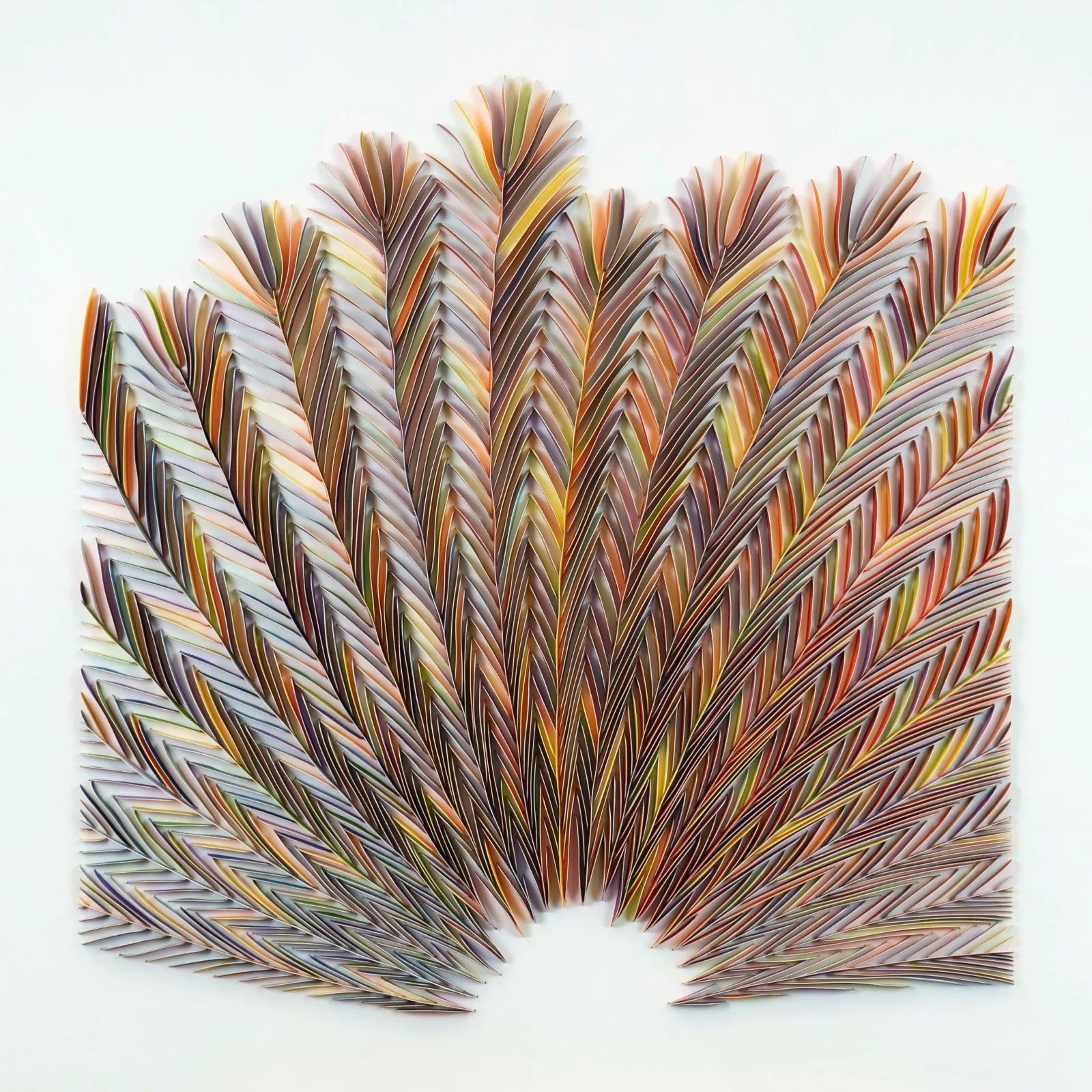 Peter Monaghan: Finest Hour, Watercolour on Arches paper, 35 3/8 x 35 3/8 in, 90 x 90 cm | Winter Group Exhibition | Sunday 1 December 2024  – Friday 10 January 2025 | Gormleys Fine Art, Dublin | Image: Peter Monaghan: Finest Hour, Watercolour on Arches paper, 35 3/8 x 35 3/8 in, 90 x 90 cm | the image is very much like that of a peacock’s tail, though with a much more geometric patterning (and no ‘eyes’; the colour scheme is largely in the range of dark red to mid-yellow via orange 