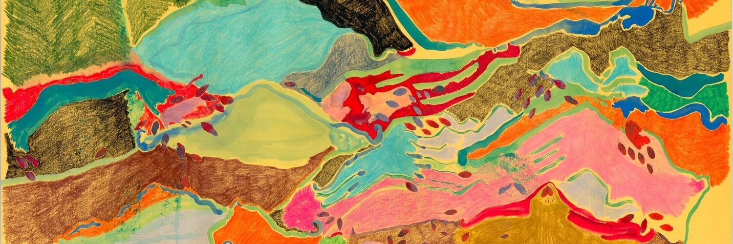 Hannah Casey Brogan, seeds (detail, 2024). Drawing on paper | URGENCIES (2025) | Saturday 18 January  – Saturday 15 March 2025 | CCA | Image: Hannah Casey Brogan, seeds (detail, 2024). Drawing on paper | abstract shapes in bright patches of colour looking somewhat hills and valleys 