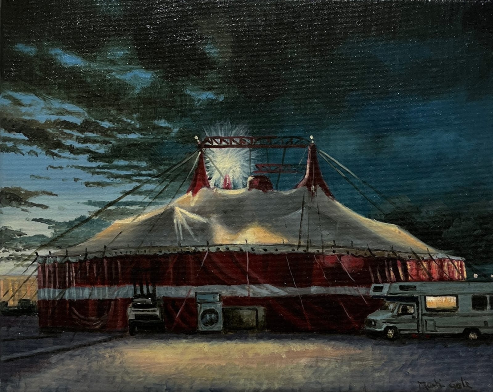 Martin Gale: First Night, 2024, oil on canvas, 20 x 25cm | Seasonal Colours 24 | Friday 13 December 2024  – Friday 31 January 2025 | Taylor Galleries | Martin Gale: First Night, 2024, oil on canvas, 20 x 25cm | painting of a big top’ circus tent at night, seen from outside; a bright light shine white from the structure that rises above the tent, against a dark-clouded sky at dusk; a camper van is parked by the tent, to one side, and there is a light on inside its living area; no-one is to be seen