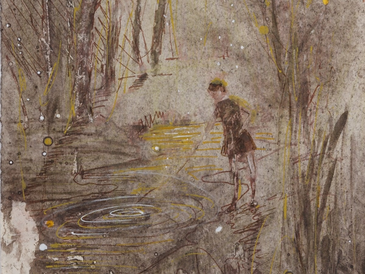 Elizabeth Magill: circles (detail), undated mixed media on paper 34 x 26 cm / 13.4 x 10.2 in framed | Winter Warmer | Tuesday 3 December 2024  – Saturday 18 January 2025 | Kerlin Gallery | Image: Elizabeth Magill: circles (detail), undated mixed media on paper 34 x 26 cm / 13.4 x 10.2 in framed | probably a quick sketch of an idea; we a figure in top and skirt, probably, reaching a stick towards a pool of water, creating a circular ripple; brownish background, indications of trees or other shrubbery 