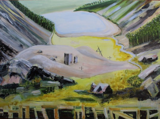 Judy Carrol Deeley: View from Van Dieman’s Land Glendalough, oil on canvas,  100 x 140cm, 2024 | Judy Carrol Deeley: Mine Lands: Glendalough & Glendasan | Saturday 22 February  – Saturday 10 May 2025 | Mermaid Arts Centre | Image: Judy Carrol Deeley: View from Van Dieman’s Land Glendalough, oil on canvas, 100 x 140cm, 2024 | view into a valley with a lake at the far end and a stream leading towards us at the nearer end; trees swarm down the sides of the hills, but only in a few patches; there is what looks like a castle between us and the lake, and also a wide patch of yellow, possibly a field; some wooden structures, including two crosses, and possibly more buildings nearer us; the style is fairly abstract  