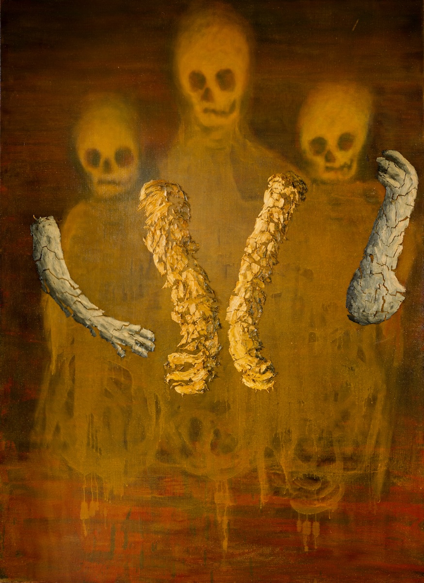 Kevin Mooney: Ancestors, 2024, oil, distemper, varnish and collaged oil paint on jute, 220 x 160 cm | Kevin Mooney: Ancestors | Thursday 23 January  – Friday 28 February 2025 | Hillsboro Fine Art | Image: Kevin Mooney: Ancestors, 2024, oil, distemper, varnish and collaged oil paint on jute, 220 x 160 cm | against a burnt-sienna background we see three very ghostly figures –  pale skulls atop very vague bodies next to each other looking towards the viewer; we only see the arms of two of them, and they are strangely scaly things – presumably built up off the surface of the canvas through collaging or similar; the hands sem to have too few fingers 