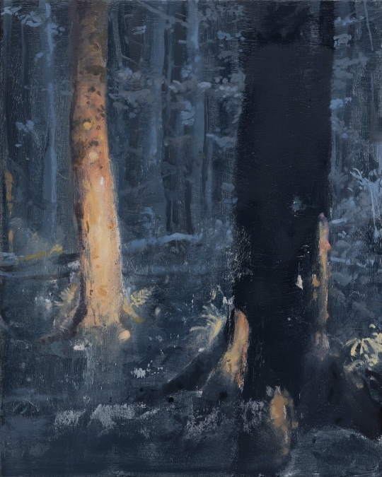 David Smith, First Light, Forest Edge, 2024, Oil on birch ply, 25 x 20cm, Image courtesy of the artist. | David Smith: Gaussian Blur | Thursday 30 January –    Sunday 23 February 2025 | Royal Hibernian Academy | Image: David Smith, First Light, Forest Edge, 2024, Oil on birch ply, 25 x 20cm, Image courtesy of the artist. | the painting comes across as quite loosely painted, but nonetheless a realistic depiction – of two tree trunks in a woods / forest, the nearer one towards the right side of the canvas, the farther one in a matching position on the left; the trunk of the first tree is mostly very dark, with sunlight falling only on three small patches on the trunk and exposed roots; the lowr part of the second trunk is caught much more fully by the sun, and we see much of the patterning of the bark; behind all this is a wall of trees – most standing, though some fallen; they are depicted almost entirely in grisaille 