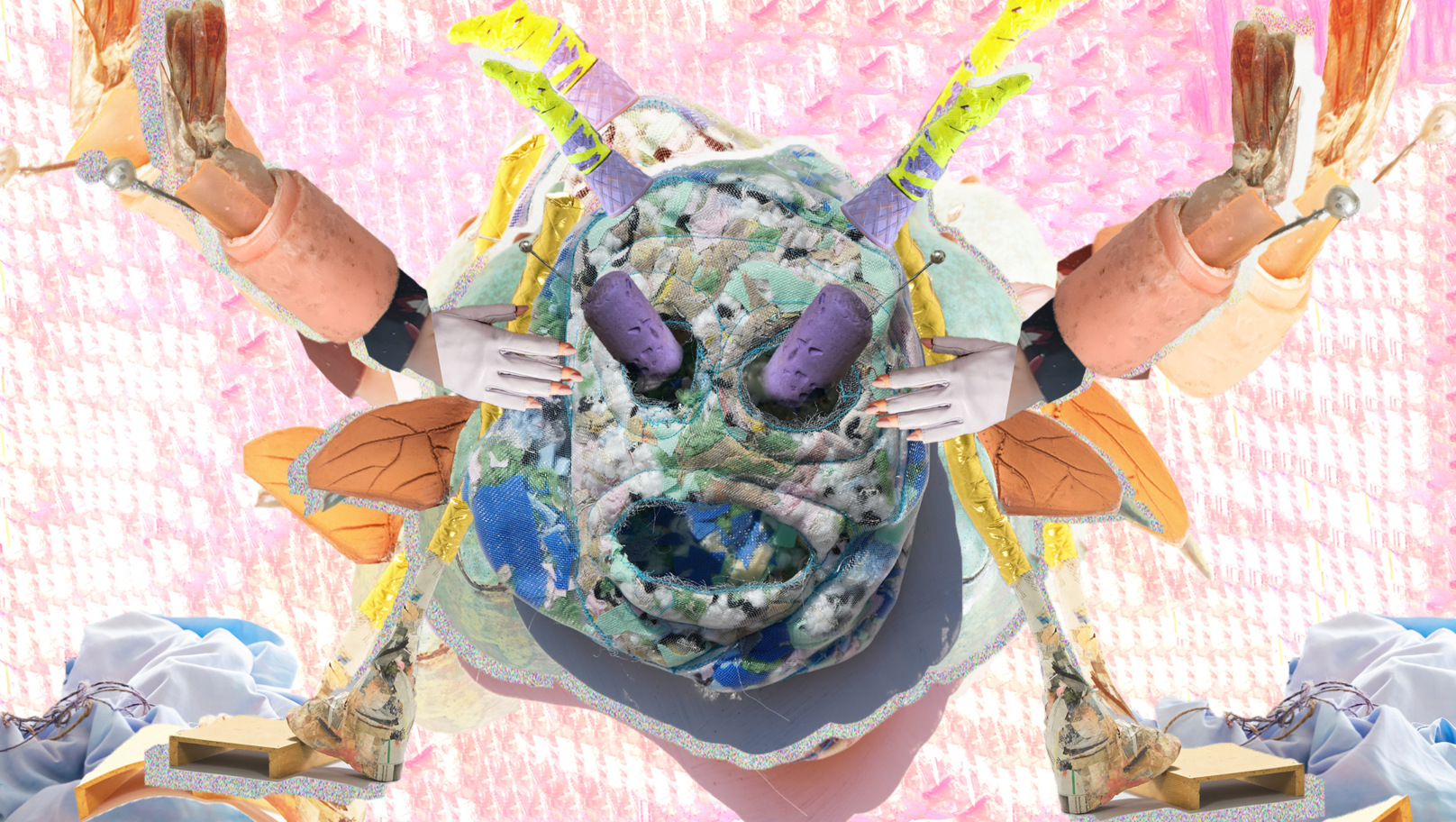 Kian Benson Bailes, Orla McHardy, Anna Spearman: Invited Guests | Saturday 19 October 2024  – Saturday 18 January 2025 | The Dock | Image: apparently a collage, we see what seem to be a mannequin’s hands at the end of arms constructed out of various materials – plastic tubing, bricks?, meat?; the hands reach down from the top of the image, and we seem to be looking down as well onto some sort of preparation in a domestic scene, but the thing being prepared is a large papier-mâché insect head with eye stalks in some purple rubbery material with metal stalks coming out of them with a silver ball on the end; also a wide-open mouth; all of this is lying what appear to be layers of misshapen plates, something that hints at leaves or wings; there’s some sort of insect story going on here, against a background of a tea-towel or similar 