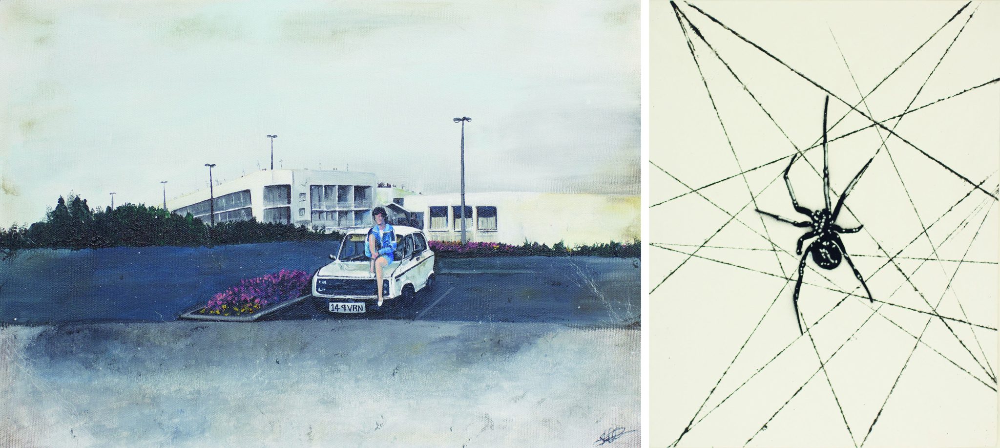 Left: Sarah O’Connor Doyle, Where did you go?, 2025, acrylic on canvas; right: Lydon Brody-Hayes, Pray for Food, 2025, spray paint on board | Annual Wexford Lions Club Exhibition 2025 | Saturday 11 January  – Friday 21 February 2025 | Wexford Arts Centre | Images: Left: Sarah O’Connor Doyle, Where did you go?, 2025, acrylic on canvas; right: Lydon Brody-Hayes, Pray for Food, 2025, spray paint on board | images by two artists side by side; on the left we see a car parked in an open parking lot; it is the only car there; a modern-looking white building is in the background – an apartment block, possibly; we see also very tall lamp-posts, each with multiple lights; on the bonnet of the one, white, old-fashioned car sits a figure in a blue top and skirt; the foreground of the image is taken up by a pale-ish area that is a third of the height of the artwork and stretches from side to side and has no clear function but is interesting; the second image is of a spider in its web; the web is not your usual system of concentric threads; instead sharp lines criss-cross over the image; its two-tone: white and black  