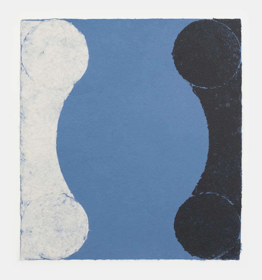 Richard Gorman, Untitled 7, 2015, dye on handmade Echizen kozo washi paper, 100 x 107 cm / 39.4 x 42.1 in | Richard Gorman: Japan | Saturday 25 January  – Saturday 22 February 2025 | Kerlin Gallery | Image: Richard Gorman, Untitled 7, 2015, dye on handmade Echizen kozo washi paper, 100 x 107 cm / 39.4 x 42.1 in  | we see a vaselike shape in a strong middle blue filling the centre from top to bottom; on the left side of the image is a white shape, probably printed over the blue that also forms the vase; ther is some texturing, and faint circle shapes at top and bottom creating the inward curve on the vase shape; similar effect on the right, but with black onto the blue 