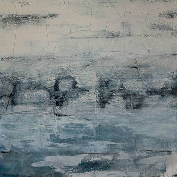 Seán Cotter | Seán Cotter: Boulder Milt | Friday 24 January  – Sunday 30 March 2025 | Limerick City Gallery | Image: Seán Cotter | grisaille painting of what is presumably an Icelandic landscape; it is hard to make out details, but we can imagine sea bottom left, possibly harsh snowy hills rising from it – only that would not work with the row of boulder-like shapes across the middle of the image; above them we seem to see the white of snow receding to the distance, with a hint of cloud shadows in a white sky 