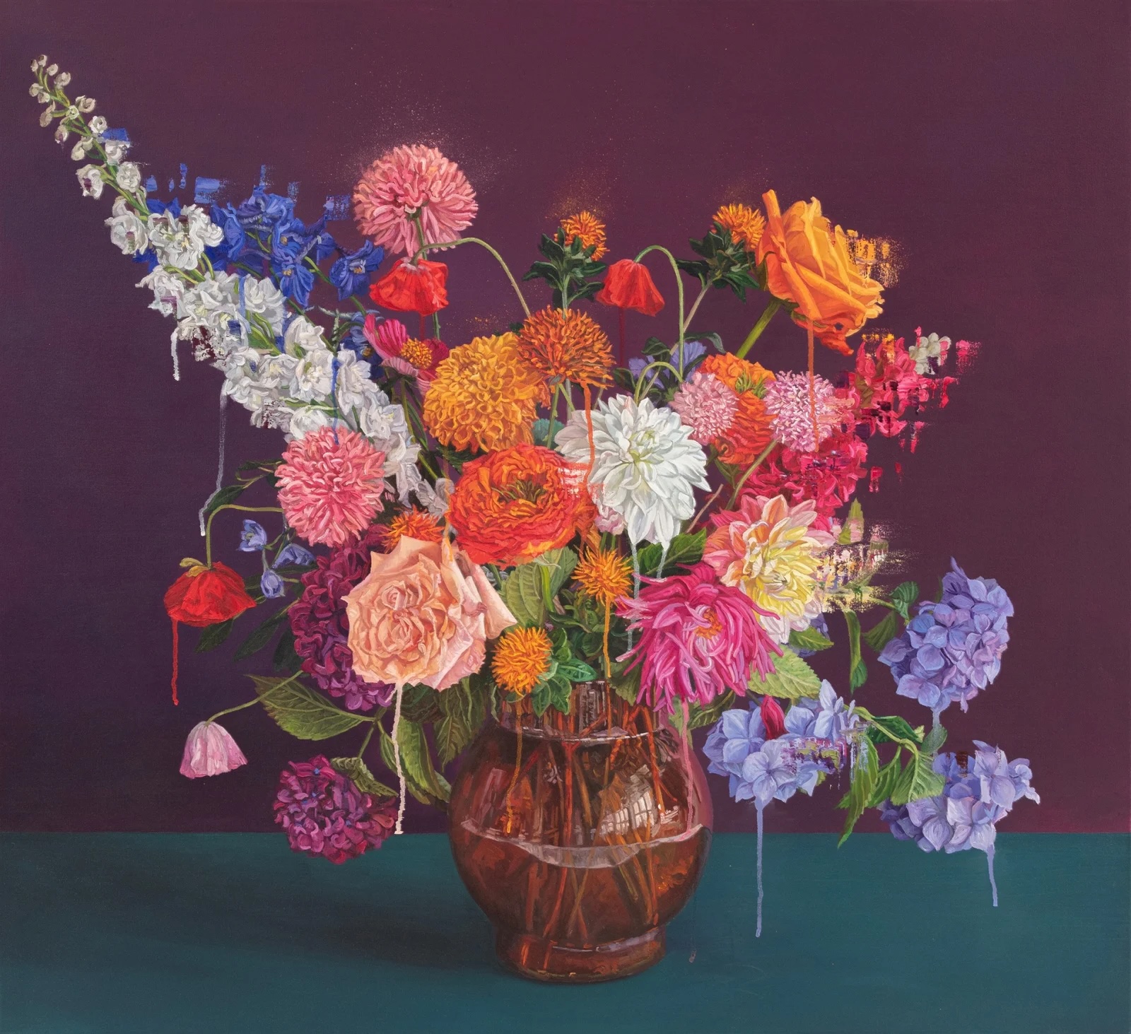 Ian Cumberland: Still 18, oil on canvas, 100 x 110 cm, 39 3/8 x 43 1/4 in | Ian Cumberland: Still | Saturday 15 February  – Thursday 6 March 2025 | Gormleys Fine Art, Dublin | Image: Ian Cumberland: Still 18, oil on canvas, 100 x 110 cm, 39 3/8 x 43 1/4 in | painting of strong-coloured flowers overfilling a globular glass vase; realistic depiction against a dark maroon and greyish-blue-green background; paint drips down from some of the flowers; the paint is the colour of the flower it is flowing from 