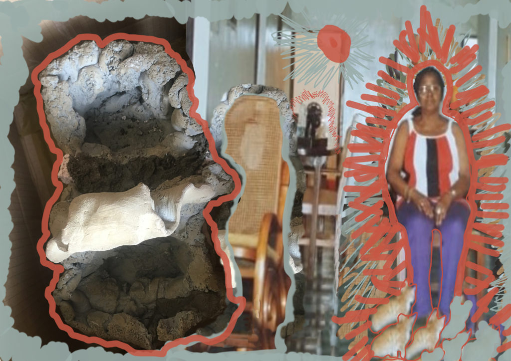 Alice Rekab, Isatu an Ee cat , 2021, Digital print, drawing on photography, IMMA Collection, Purchase, 2021.  | IMMA Collection: Art as Agency | Saturday 8 February 2025  – Sunday 6 February 2028 | IMMA | Image: Alice Rekab, Isatu an Ee cat , 2021, Digital print, drawing on photography, IMMA Collection, Purchase, 2021. | photo of a strange amorphous thing on the left, looking somewhat like a burial chamber, but with something wrapped in white-ish cloth across the middle, and the shape is surrounded by a fairly thick Indian-red border; to its right is a partial shot of a wooden rocking chair, outlined by what seems to be a crop from another photo; on the right is a sittingn figure in glasses, a sleeveless white top, and purple jeans or similar; there are ginger-cat shapes at the figure’s feet, and there an Indian-red glow – created using straight lines at various often wonky angles; and more 