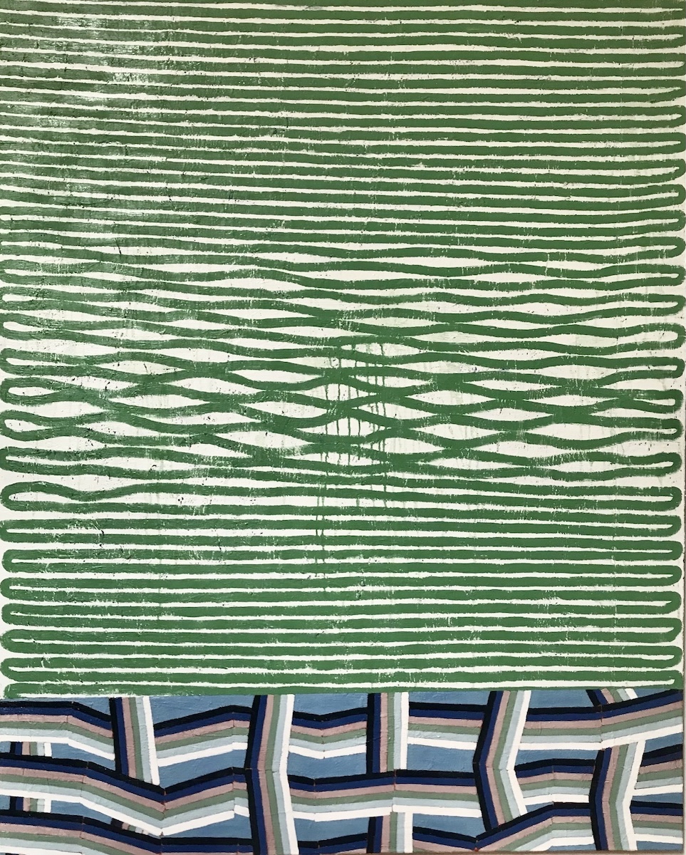 John Noel Smith: Obstacle course for a pragmatist, 2024, oil on canvas, 175x 135 cm | John Noel Smith: Obstacle course for a pragmatist | Thursday 6 March  – Saturday 5 April 2025 | Hillsboro Fine Art | Image: John Noel Smith: Obstacle course for a pragmatist, 2024, oil on canvas, 175x 135 cm | abstract, patterned painting; the top 80% of the painting is a series of army-green horizontal lines against a near-white background – in fact, it is one line that crosses back and forth across the canvas; towards the middle of the canvas it gets a bit more curvy and wobbly, and at one point it dribbles paint downwards in multiple thin streams; the remaining 20%, at the bottom of the canvas, depicts interwoven jagged vertical and horizontal lines, each line itself being composed of five lines, from very dark blue through tan, army green and pale grey to white; all against a blue-grey background 