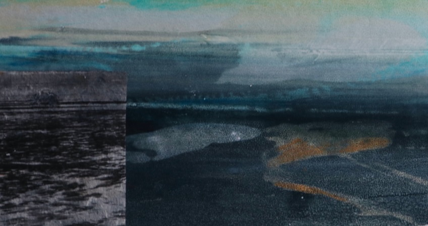 Steph Harrison: Shedding Light | Thursday 6 March  – Friday 25 April 2025 | Atypical Gallery | Image: image detail; appears to be landscape imagery, some of it blakc-and-white in a rectangular space to the left, the rest in colour with blues domating; could be seashore views; strong feel of etching 