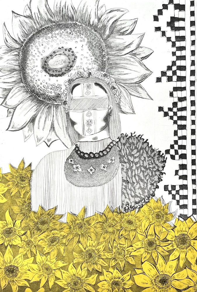 Viktoria Kondratieva | Viktoria Kondratieva: Studios of Sanctuary | Friday 7 February  – Sunday 2 March 2025 | Triskel Arts Centre | Image: artwork by Viktoria Kondratieva | in what is probably a drawing, we see a figure standing midriff-high in a cluster of sunflowers; the figure is long-haired, but the facial features are hidden behind a blindfold (or similar) and under it a vertical  band of the same width; the left should is covered by what seems to be leaves, there is a necklace which seems to expand down as a breastplate; the figure has a crown of flowers, and behind the figure is a very large head of a sunflower with an unusual oval pattern in the middle; to the right is a pattern of black and white squares / rectangles 