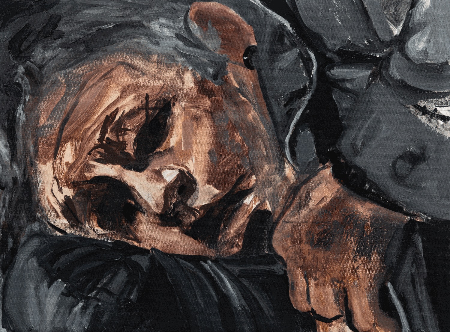 Cecily Brennan: Sad Man, 48 x 36cm | Cecily Brennan: Six Men | Friday 14 February  – Saturday 8 March 2025 | Taylor Galleries | Image: Cecily Brennan: Sad Man, 48 x 36cm |  swift, painterly depiction of head and left hand of one of the six men; he is lying on his right arm, looking more or less towards the viewer, possibly worried, wearing what looks like a heavy grey overcoat 