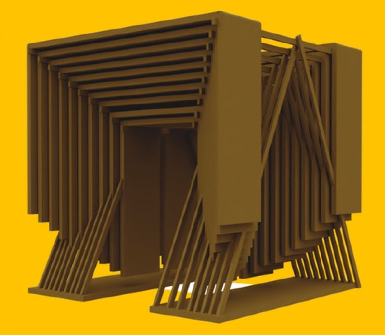 The Art of Architecture Pavilion Competition | Friday 28 March  – Sunday 20 April 2025 | Royal Hibernian Academy | Image: 1st Place: The Fall – Ben Mullen, Tom De Paor & Peter Maybury | computer-generated (?) 3D model of a structure that consists of intercalated surfaces, a bit like a repeated doorway; the supporting structure consists of triangular shapes one beside the other, either side of an ‘entrance’; the background is a strong orange-ish yellow, with the exception of an occluded white square under the structure 