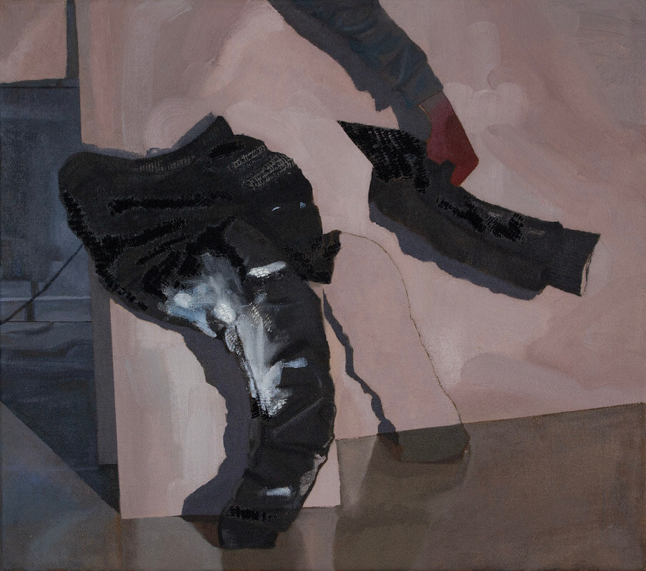 Stephen Doyle: A Fly’s Perspective of Loss | Stephen Doyle: A Fly’s Perspective of Loss | Saturday 12 April  – Saturday 10 May 2025 | SO Fine Art Editions | Image: Stephen Doyle: A Fly’s Perspective of Loss | appears to be a painting; in what seems to be an interior space, we see what might be one leg of a pair of jeans, and a partial outline of a second leg, as though belong to someone leaning against a wall – but there.is not body; an arm does seem to reach down from the tokp of the canvas, grabbing what may be the left arm of a dark jacket – but the rest of the jacket is entirely missing; shadows are cast on a wall 