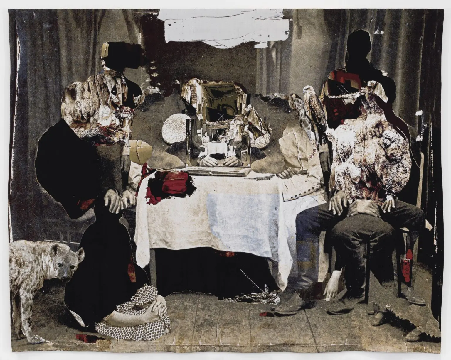 




Ailbhe Ní Bhriain, Interval III, 2024, Jacquard tapestry, cotton, wool, silk, Lurex. Collection & image © Hugh Lane Gallery









 










 | Ailbhe Ní Bhriain: The Dream Pool Intervals | Thursday 27 March  – Sunday 28 September 2025 | Hugh Lane Gallery | Image: Ailbhe Ní Bhriain, Interval III, 2024, Jacquard tapestry, cotton, wool, silk, Lurex. Collection & image © Hugh Lane Gallery | apparently photographic source material, most of it black-and-white and taken a long while ago, collaged in a way that makes the scene depicted – two people possibly, possibly sitting at a table that has a white tablecloth on it … or maybe three people … at first glance it seems likely to be coherent, but on inspection nothing coheres – there are too many hands, no faces, a hyena bottom left, someone sitting on the floor but we just see their arms wrapped around what may be their dress, there seem to be feet in shoes over on the right, but no more of that figure, and so on; it seems to be some sort of interior scene from the American West 