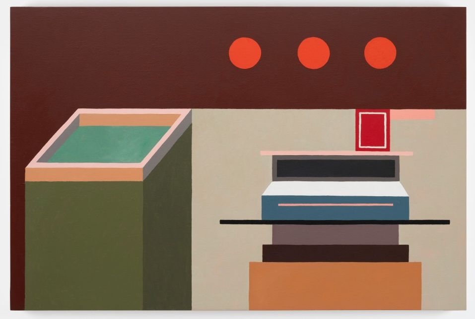 Nathalie Du Pasquier, coming back from Egypt 2, 2024, oil on canvas, 100 x 150cm | Nathalie Du Pasquier: Saint Fairy Anne | Saturday 12 April  – Saturday 17 May 2025 | Kerlin Gallery | Image: Nathalie Du Pasquier, coming back from Egypt 2, 2024, oil on canvas, 100 x 150 cm | series of geometrical shapes – at the top of the canvas three red dots against a burgundy background, then under that on the right a stack of flat rectangles suggestive of drawers or boxes or…; on top of this pile is what looks like a little red book; the pile itself is viewed straight-on, but with a suggestion of perspective in one of the shapes; on the left, what could be taken as a rectangular swimming pool atop a moss-green plinth … or it’s a silkscreen screen, or…  