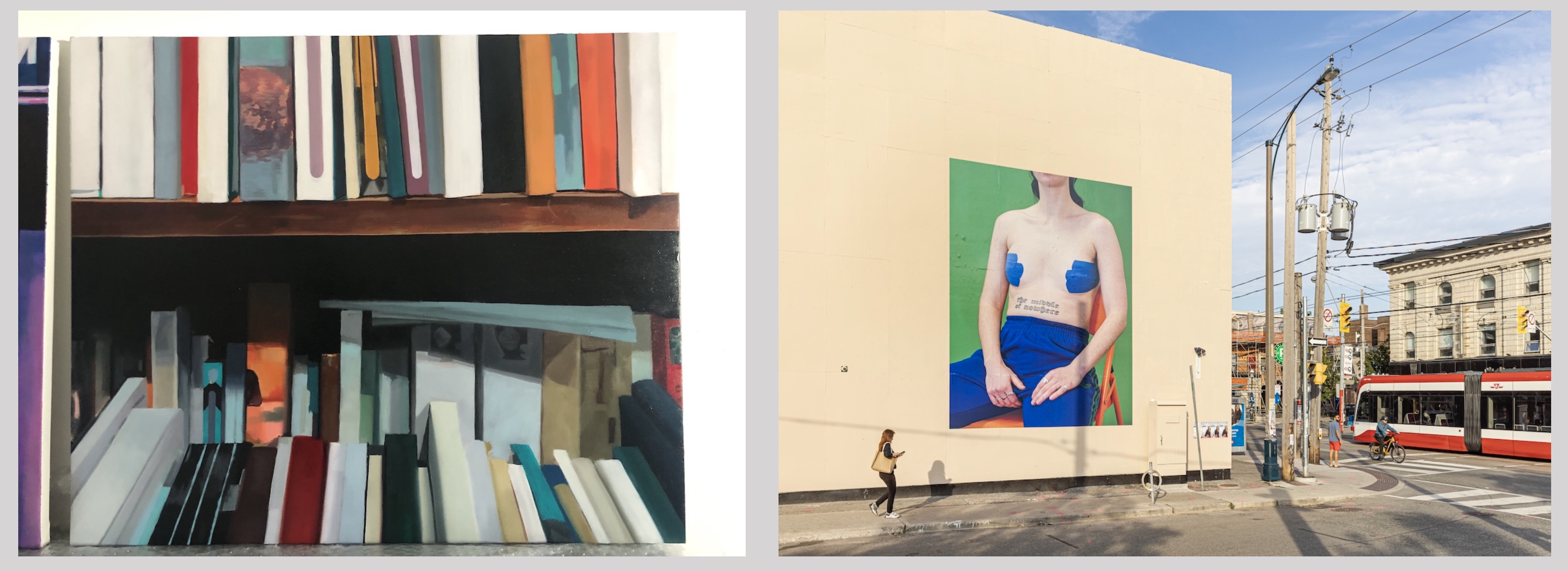 Left: Lauren Conway; right: Léann Herlihy | Léann Herlihy and Lauren Conway: False Start | Saturday 29 March  – Sunday 27 April 2025 | GOMA Gallery of Modern Art | Image: Left: Lauren Conway; right: Léann Herlihy | two images shown side by side; the one on the left appears to be a painting of canvases stacked in some sort of storage, viewed side-one; realistically depicted; colourful; may be a large canvas; the second image is a photo of a large photographic image pasted to an other wise mostly blank beige wall; the image depicts a bare-chested figure – though bare with strategically placed blue tape; there is text, possibly a tattoo, across the belly of the sitter, in fairly gothic font; it reads ‘the middle of nowhere; the part of the city we can see to the right in the photo looks European, but it is in fact Toronto; a red-and-white tram is passing while someone cycles past on an orange bike and someone else waits to cross the road 