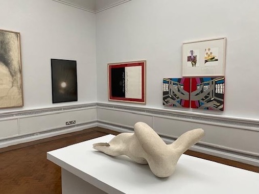 40 x 40 | Saturday 8 March  – Sunday 13 July 2025 | Limerick City Gallery | Image: installation shot showing a large white, shapely, somewhat bone-like sculpture in the foreground, and a few 2D works on the wall behind 
