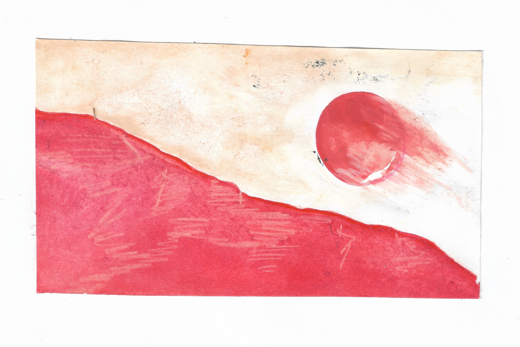 Aifric Prior Beliere, Ann (2022). Gouache and coloured pencil on paper | Take Hold | Friday 28 March  – Saturday 7 June 2025 | CCA | Image: Aifric Prior Beliere, Ann (2022). gouache and coloured pencil on paper |  although it is a gouache, the feel of the artwork is maybe closer to that of an etching; what we see is a red hill – possibly – on which there are, possibly, indications of fence posts, plus a bit of other texturing – paler lines zig-zagging; the sky is a murky pale orange with small speckles of dark ultramarine; the hill climbs up to our left across the image; in the sky, which is fuller towards the right, there is a red sun partially obscured by clouds – or it is a fireball streaking across the sky, apparently on an upward slant 