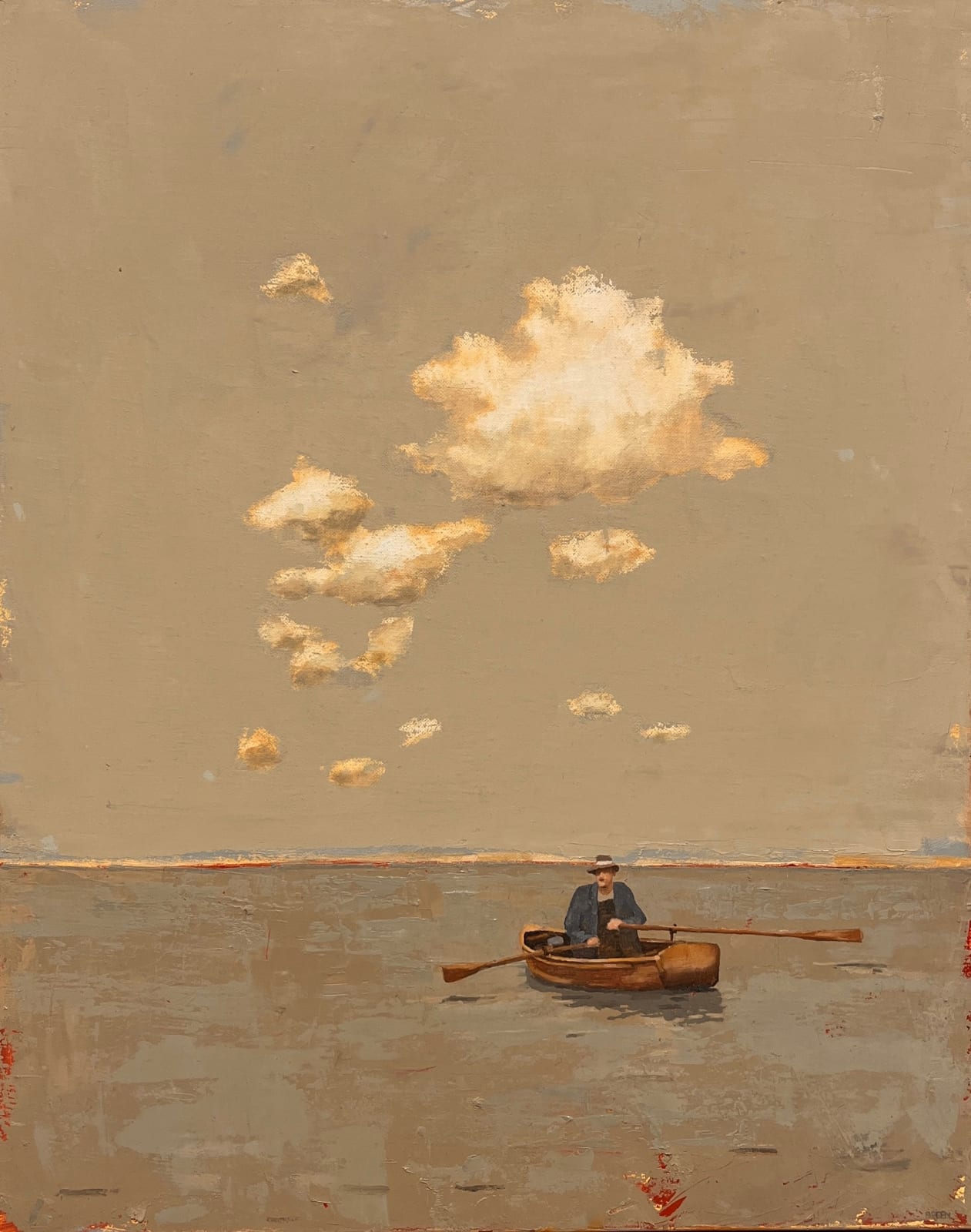 Diarmuid Breen, Drifting, 2025, oil on canvas, 50 x 40 cm | Diarmuid Breen: Give me my Meaning | Friday 21 March  – Saturday 12 April 2025 | Taylor Galleries | Image: Diarmuid Breen, Drifting, 2025, oil on canvas, 50 x 40 cm | we see a figure, wearing a hat and what may be a navy coat, in a rowing boat, both oars deployed by above the water; there are isolated white clouds in the sky, and we see land in the distance; the colours are almost warm browns / ochres, the depictions reasonably realistic  