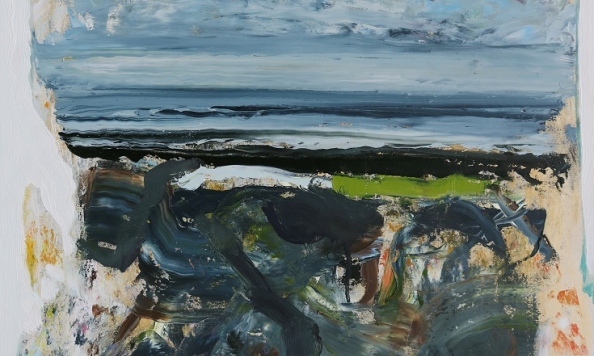 Eddie Kennedy: Lines of Engagement: Threshold, Oil on canvas, 70 x 60 cm, 2023 | Eddie Kennedy: Lines of Engagement – Recent Paintings | Saturday 31 May  – Saturday 28 June 2025 | The Source Arts Centre | Image: Eddie Kennedy: Lines of Engagement: Threshold, Oil on canvas, 70 x 60 cm, 2023 | assertive use of paint, with strong makr-making in the foreground, but a calmer seashore and sea in the background; it is not clear what the foreground shapes are; the paint strokes often do not reach the edges of the canvas where we might expect that they would, though only on the horizontal axis 