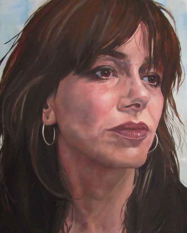 Claire Guinan: Detail of Human, Portrait of Imelda May, 2017, Oil on canvas, 60 x 90 cm | Claire Guinan: Heart and Soul, Portraits of Irish Musicians |   until Sunday 6 April 2025 | Luan Gallery | Image: Claire Guinan: Detail of Human, Portrait of Imelda May, 2017, Oil on canvas, 60 x 90 cm | straightforward portrait, head only, of singer Imelda May, who is looking out from the canvas, but past us to our right; hoop earringhs, long dark hair, brown eyes