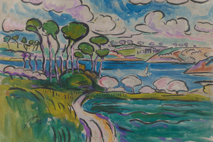 May Guinness, Landscape 1 (detail), c. 1950s | In Celebration of International Women’s Day 2025 | Thursday 13 March  – Sunday 15 June 2025 | Butler Gallery | Image: May Guinness, Landscape 1 (detail), c. 1950s | somewhat Matisse-like open style of painting of a scene with trees, pinkish clouds, blue sky, and what is probably sea, with a spit of land between greener sea nearer us and bluer sea, with a sailboat, a bit farther away; there are tree-topped hills in the background; in the bottom third of the painting, to the left, there is much green vegetation, plus a probable beach 