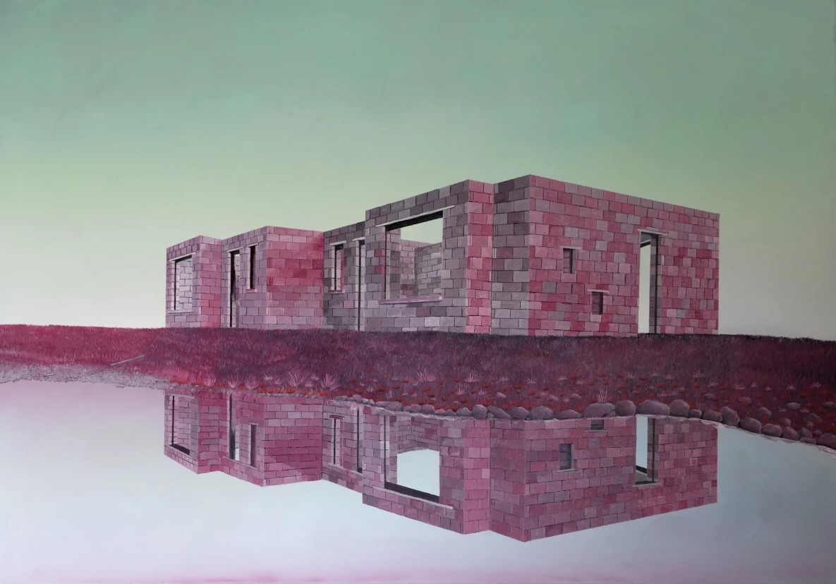 Pascal Ungerer: Simulacra, oil on canvas, 100 x 70, 2024.jpg | Pascal Ungerer: Other Ground | Thursday 1 May  – Thursday 5 June 2025 | The LAB | Image: Pascal Ungerer: Simulacra, oil on canvas, 100 x 70, 2024.jpg | view of what is presumably the shell of an unfinished bungalow; we see the concrete blocks, the gaping holes of doors and windows, the lack of a room; and all this is reflected in a body of water that is between us and the building; the sky is a pale greenish blue, and the building an dthe bit of land are tinged with pink 