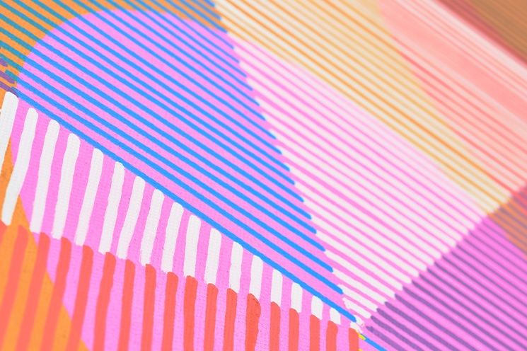 Paul Bokslag: The Skelligs I, 2025, Acrylic on Canvas, 100 x 150cm (detail) | Paul Bokslag: Through Line | Saturday 10 May  – Sunday 20 July 2025 | Butler Gallery | Image: Paul Bokslag: The Skelligs I, 2025, Acrylic on Canvas, 100 x 150cm (detail) | abstract piece, in bright colours, mostly pink, white red, blue, orange; there is an under layer of coloured shapes – triangles, cropped disk,etc.; over this layer there are stripes, parallel, never intersecting, most from top left to bottom right, but there is a counter-current from bottom left towards top righ, though only part of the way 